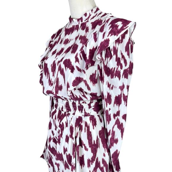 Isabel Marant Etoile 38 White Maroon Tie Dye 100% Silk Long Sleeve Ruffle Dress - Picture 6 of 13